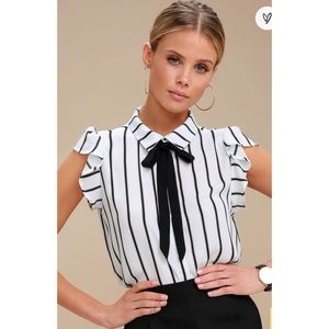 Black and white stripe tie-neck top